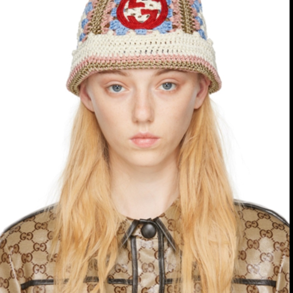 Gucci Cream and Pink Knitted Beanie Hat